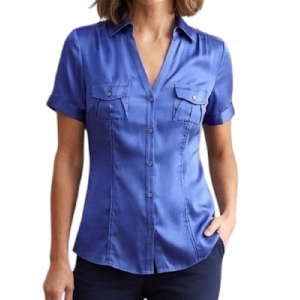 SILK White House Black Market Sz S Cobalt Blue Short Sleeve Shirt Blouse